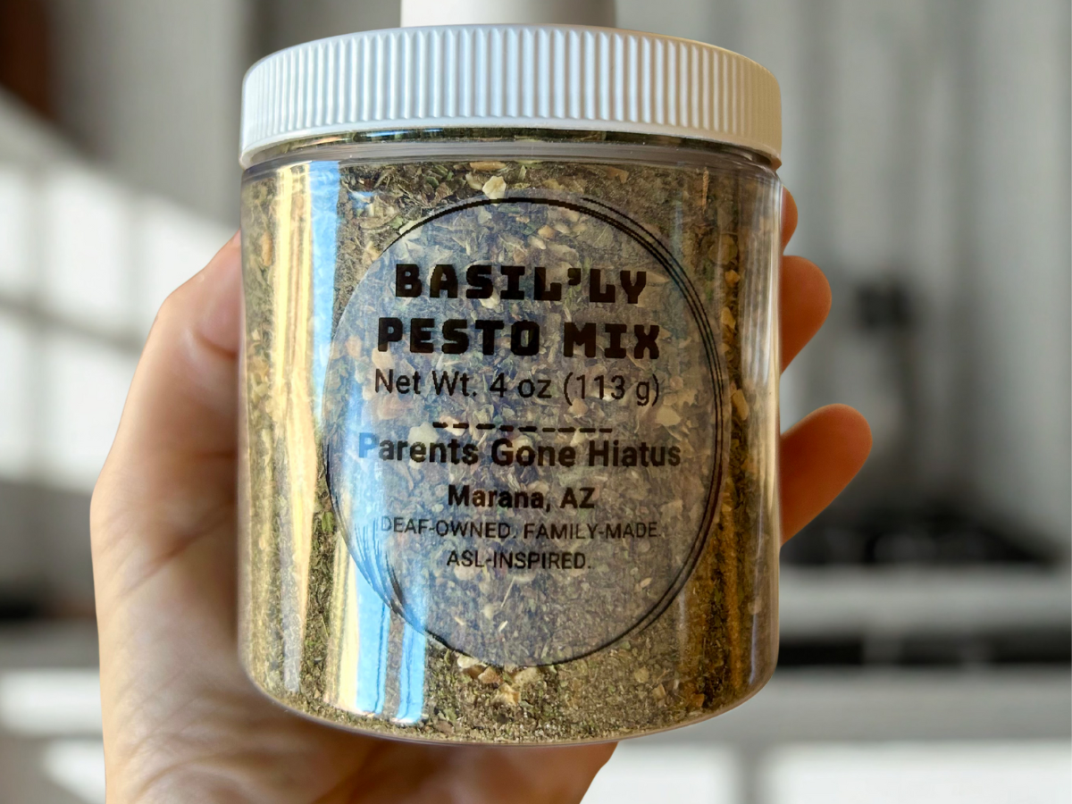 Basil'ly pesto mix seasoning blend in a clear 4 oz jar, perfect for flavorful dishes