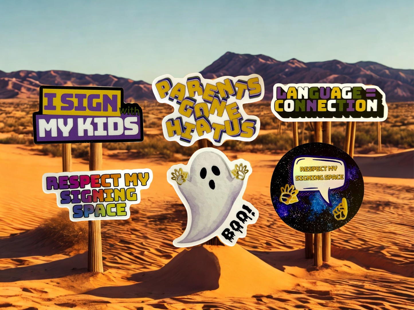 Set of colorful stickers including language connection sticker and others for sign language enthusiasts