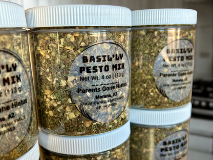 Basil'L'v Pesto Mix from Parents Gone Hiatus in clear jar showcasing pesto seasoning blend