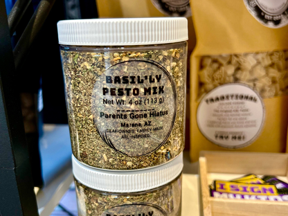Basil'lv pesto seasoning blend in a 4 oz jar by Parents Gone Hiatus for flavorful cooking