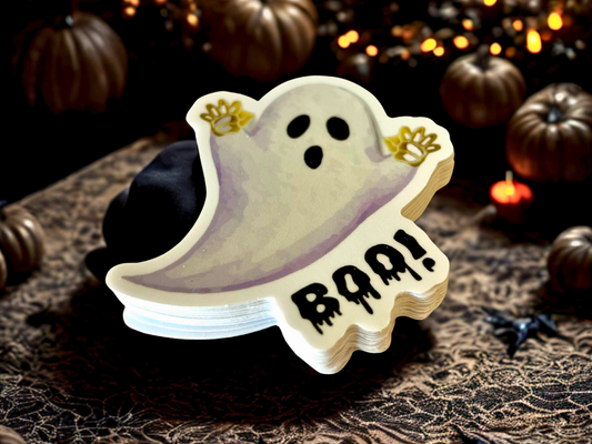 Ghost handshapes sticker for Halloween featuring a playful ghost design with the word BOO
