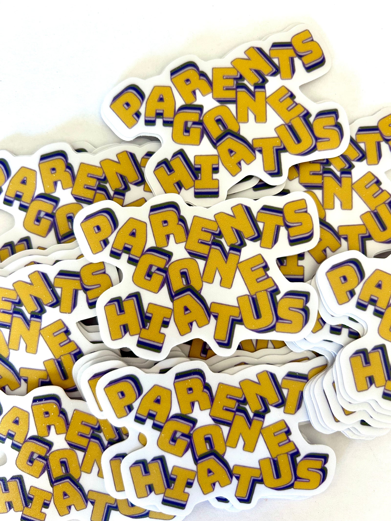 Colorful Parents Gone Hiatus sticker in yellow and blue, perfect for decorating notebooks and laptops