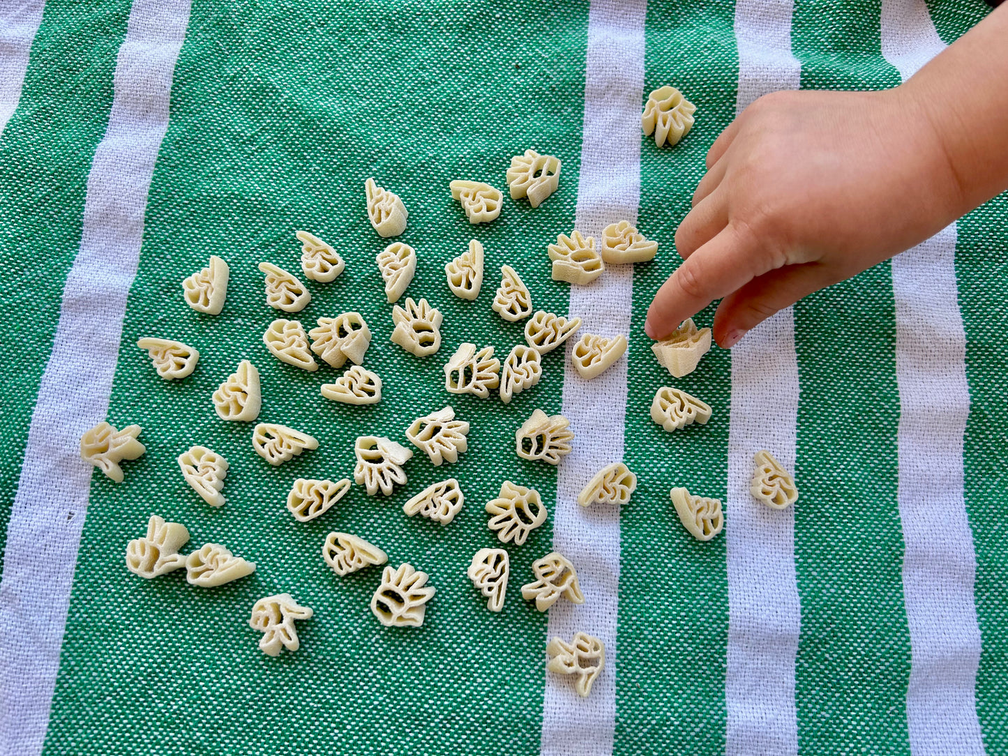 1-3-5 American Sign Language Handshaped Pasta pieces scattered on green and white cloth with a child’s hand picking one