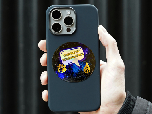 Respect my signing space galaxy sticker holographic on a phone case with colorful design